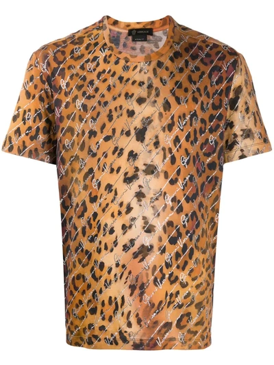 Versace Leopard Print Signature T-shirt In Brown