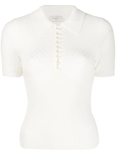 Sandro Esmia Crochet And Ribbed-knit Polo Shirt In White