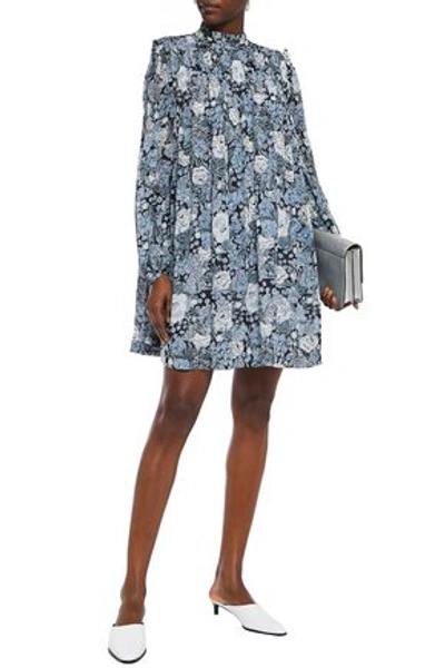 Ganni Elm Pintucked Floral-print Georgette Mini Dress In Light Blue