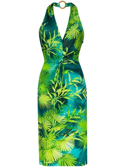 Versace Jungle Signature Print Halterneck Dress In Green And Print