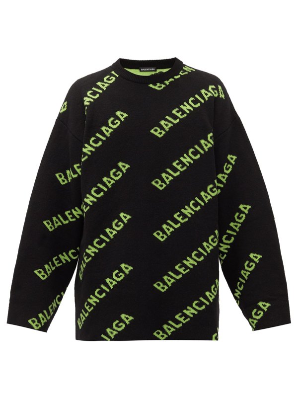 Balenciaga Intarsia Logo Wool Crewneck Sweater In Black Green | ModeSens