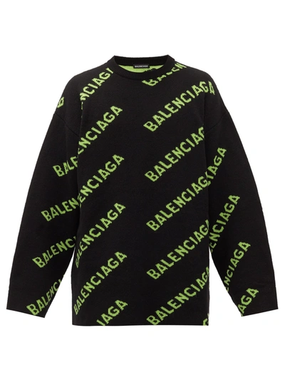 Balenciaga Intarsia Logo Wool Crewneck Sweater In Black