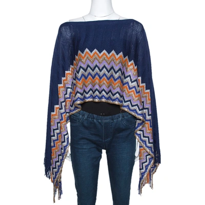 Pre-owned Missoni Navy Blue Chevron Lurex Knit Fringed Poncho One Size