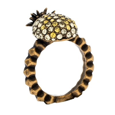 Pre-owned Gucci Pineapple Motif Multi Color Crystal Studded Gold Tone Ring Size 57