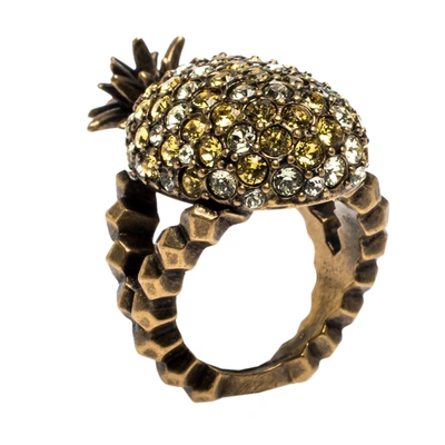 Pre-owned Gucci Pineapple Motif Multi Color Crystal Studded Gold Tone Ring Size 54