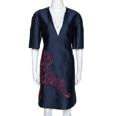 Pre-owned Stella Mccartney Navy Blue Cotton Silk Tiger Applique Structured Dress M