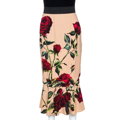 Pre-owned Dolce & Gabbana Beige Rose Print Crepe Flounce Skirt S