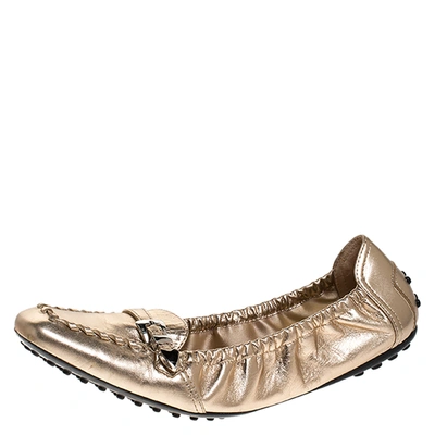 Pre-owned Tod's Metallic Gold Foil Leather Buckle Detail Loafer Scrunch Ballet Flats Size 39.5