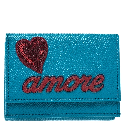 Pre-owned Dolce & Gabbana Blue Leather Amore Trifold Wallet