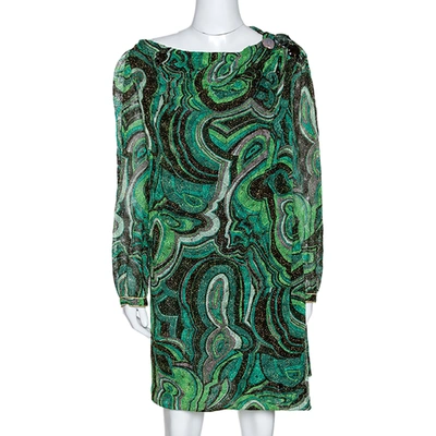 Pre-owned Missoni Green Lurex Jacquard Knit Brooch Detail Draped Dress L