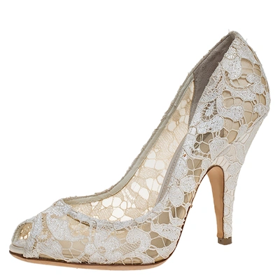 Pre-owned Dolce & Gabbana Off-white Lace And Satin Peep Toe Pumps Size 39.5