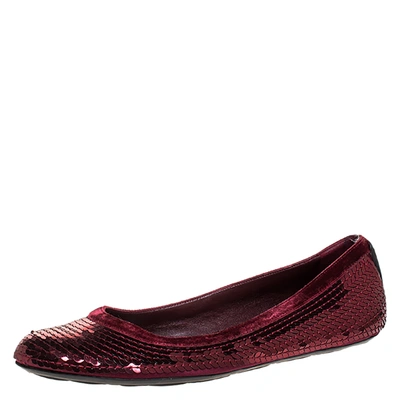 Pre-owned Gucci Burgundy Satin Sequin Ballet Flats Size 38