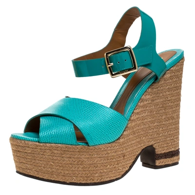 Pre-owned Fendi Green Patent And Lizard Leather Wedge Espadrille Platform Ankle Strap Sandals Size 40