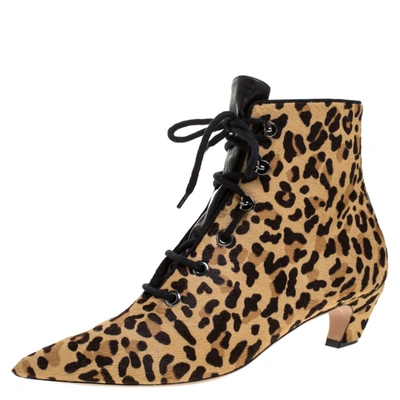Pre-owned Dior Leopard Print Pony Hair Lace Up Kitten Heel Ankle Boots Size 40 In Multicolor
