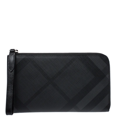 Pre-owned Burberry Black Coated Canvas Zip Around Wristlet Wallet
