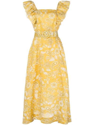 Nicholas Paisley-print Belted Dress In Yellow