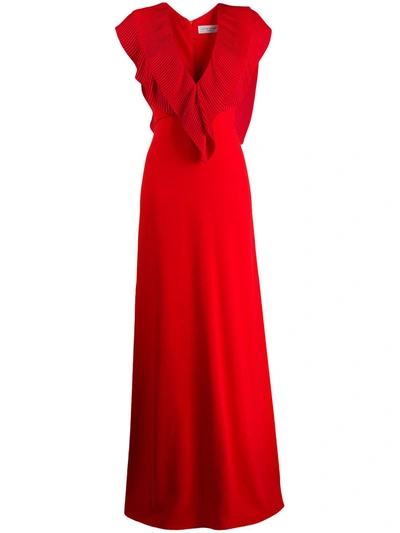 Victoria Beckham Ruffle Pleated V-neck Gown In Red