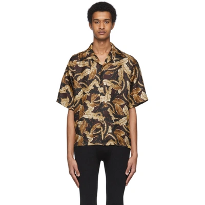 Cmmn Swdn Kim Leaf Print Silk Bowling Shirt In Leaf Burgun