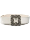 Manolo Blahnik White Hangisi Crystal Buckle Belt In Lcrm White