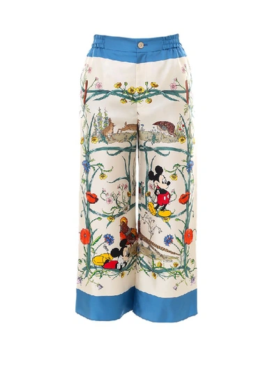 Gucci Mickey & Floral Silk Twill Drawstring Pants In Ivory