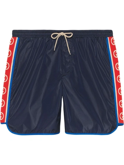 Gucci Nylon Swim Shorts With Logo Stripe In Blue