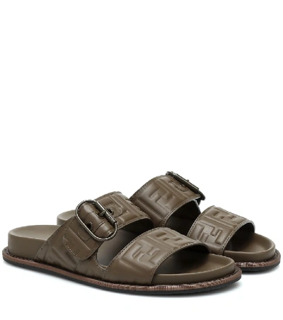 Fendi Ff Flat Double-strap Buckle Sandals In Brown