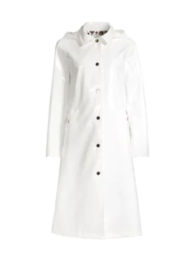 Jane Post Hooded Snap-front Long Rain Slicker Coat In White