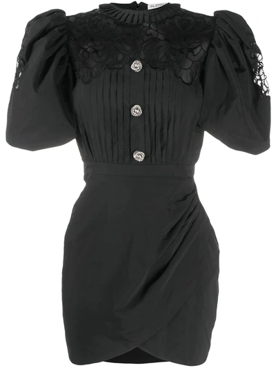 Alessandra Rich Puffed-sleeve Embellished Poplin Mini Dress In Black