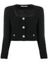Alessandra Rich Crystal Button Cropped Tweed Jacket In Black