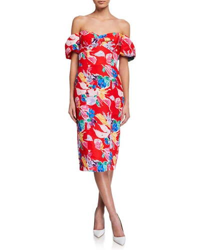 Milly Cara Bouquet Floral Off-the-shoulder Faille Dress In Red Pattern