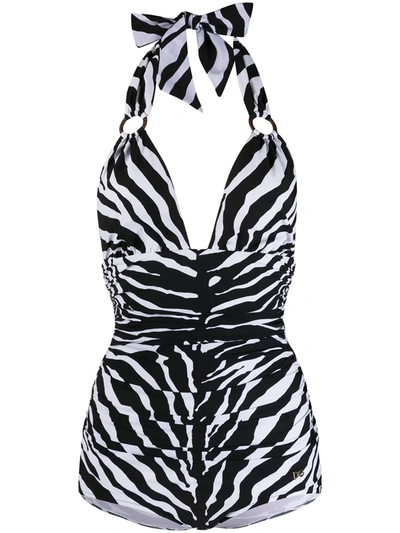 Dolce & Gabbana One-piece Swimsuit With Rings, Zebra Print And Plunging Neckline In White