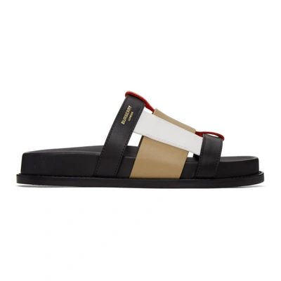 Burberry Color-block Leather Slides In Black/archive Beige