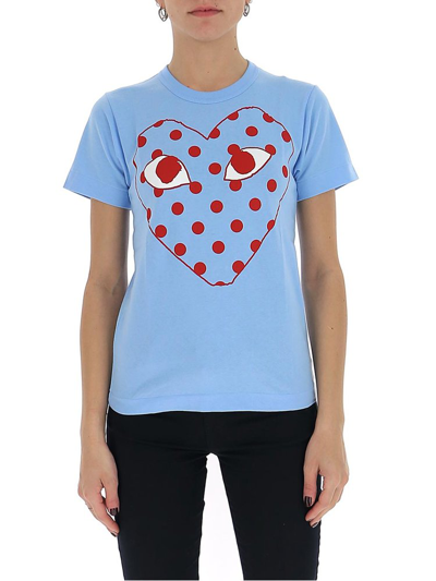 Comme Des Garçons Play Polka Dot Heart Graphic Tee In Blue