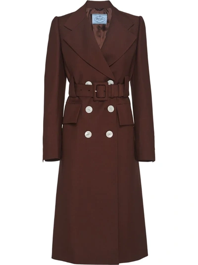 Prada Mother Of Pearl Button Double-breasted Coat In Brown