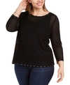 Belldini Plus Size Embellished Mesh Top In Black