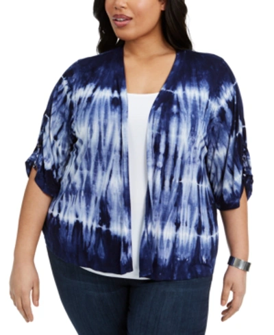 Belldini Plus Size Tie-dyed Drawstring-sleeve Top In Navy