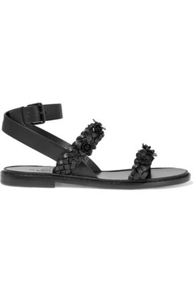 Valentino Garavani Woman Embellished Braided Leather Sandals Black