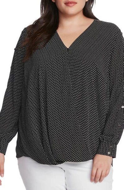 Vince Camuto Textured Fragments Print Split Sleeve Top In Rich Black