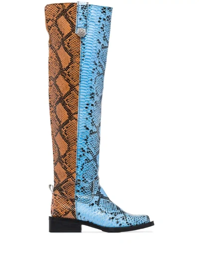 Ganni Blue And Brown 40 Snake Print Knee-high Boots