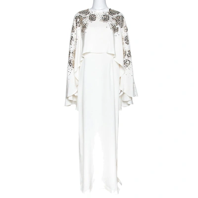 Pre-owned Oscar De La Renta Ivory Silk Sequin Embellished Cape Gown M In White