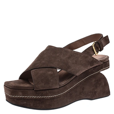 Pre-owned Marni Brown Suede Crisscross Wedge Sandals Size 39