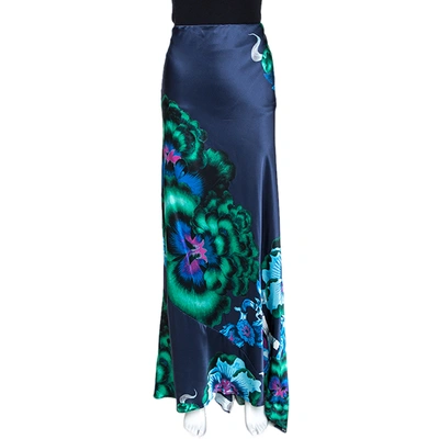 Pre-owned Roberto Cavalli Navy Blue Floral Print Silk Satin Flared Maxi Skirt L