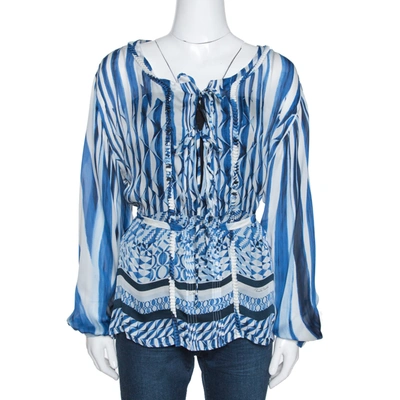 Pre-owned Roberto Cavalli Blue And White Deco Print Silk Tie Up Blouse M