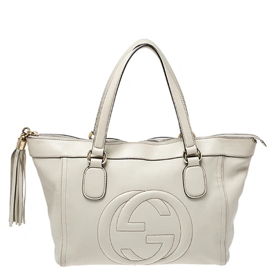 Pre-owned Gucci Cream Pebbled Leather Soho Tote