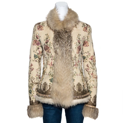 Pre-owned Roberto Cavalli Beige Floral Print Leather Fox Fur Lined Jacket M