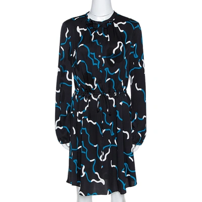 Pre-owned Diane Von Furstenberg Diane Von Furstenburg Black And Blue Silk Printed Lindi Dress M