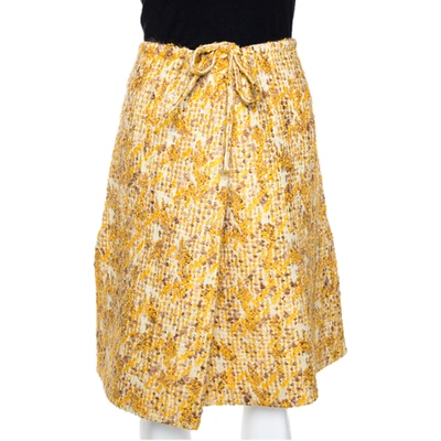Pre-owned Fendi Yellow Tweed Side Slit Detail Midi Skirt S
