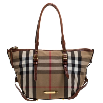 Pre-owned Burberry Beige/tan House Check Canvas And Leather Small Bridle Salisbury Tote