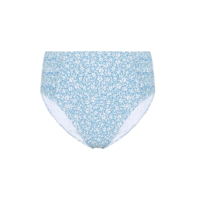Jonathan Simkhai Clara Floral-print Smocked Bikini Bottom In Blue-lt