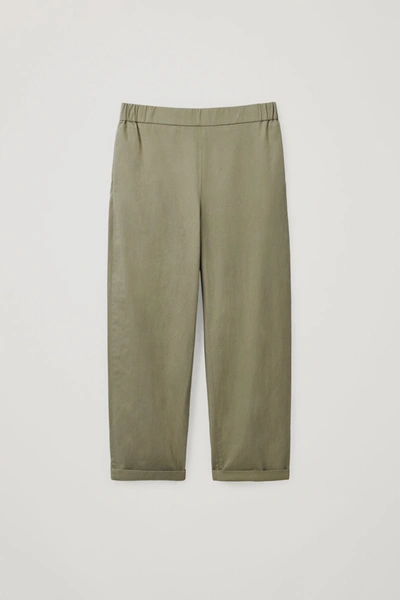 Cos Cropped Cotton Poplin Trousers In Khaki Green